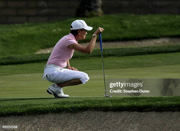 Catriona Matthew of Scotland lines up a putt on the 15th hole during the second round of the Kraft Nabisco Championship at Mission Hills Country Club...