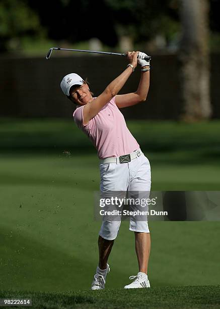 Catriona Matthew of Scotland hits her second shot on the 15th hole during the second round of the Kraft Nabisco Championship at Mission Hills Country...