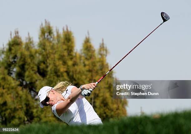 Morgan Pressel hits her tee shot on the 11th hole during the second round of the Kraft Nabisco Championship at Mission Hills Country Club on April 2,...