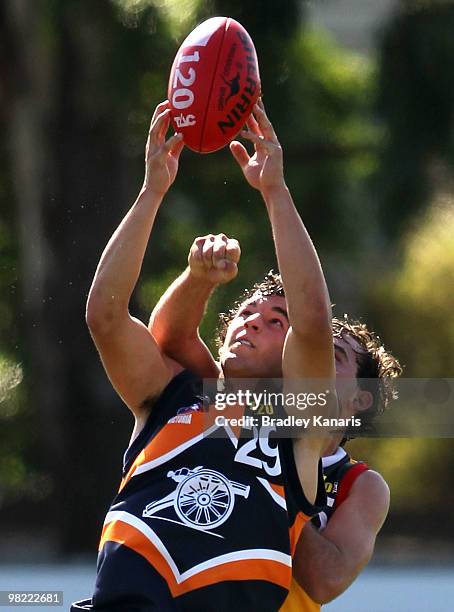 Tallan Wright of the Cannons takes a mark during the round two TAC Cup match between Dandenong Stingrays and the Calder Cannons on April 3, 2010 in...