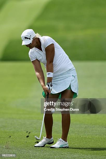 Anna Nordqvist of Sweden hits her second shot on the 12th hole during the second round of the Kraft Nabisco Championship at Mission Hills Country...