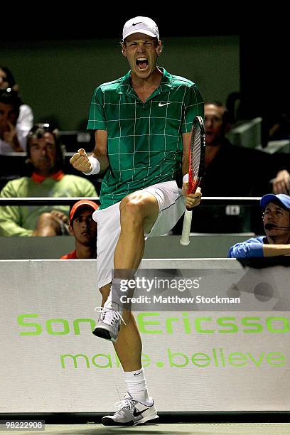 Tomas Berdych of the Czech Republic celebrates a point against Robin Soderling of Sweden in the second set during day eleven of the 2010 Sony...