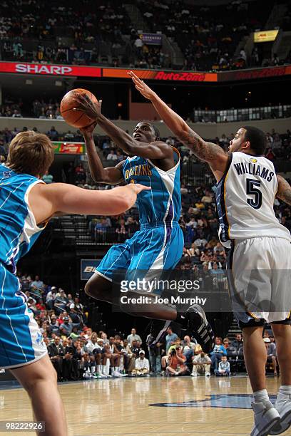 Darren Collison of the New Orleans Hornets shoots a layup over Marcus Williams of Memphis Grizzlies on April 02, 2010 at FedExForum in Memphis,...