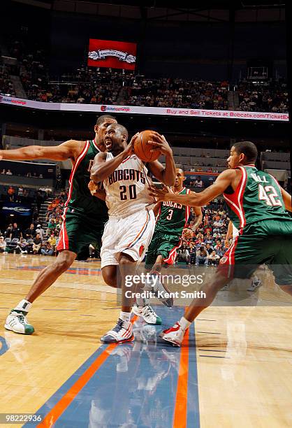 Raymond Felton of the Charlotte Bobcats moves around the pick against Charlie Bell of the Milwaukee Bucks on April 2, 2010 at the Time Warner Cable...