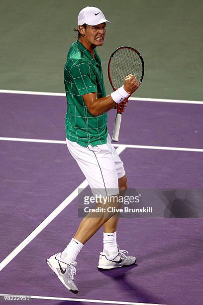 Tomas Berdych of the Czech Republic celebrates a point against Robin Soderling of Swedenduring day eleven of the 2010 Sony Ericsson Open at Crandon...