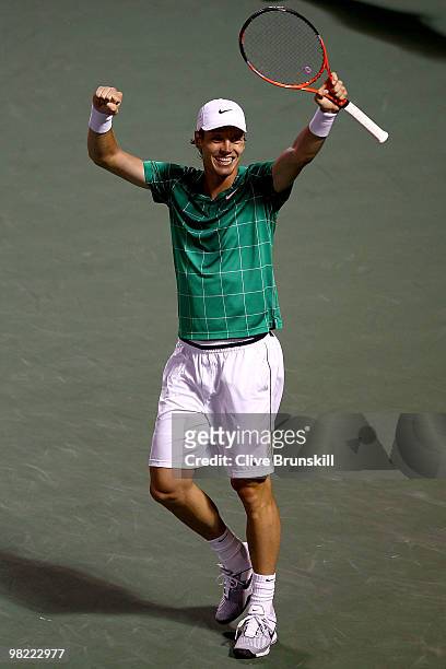 Tomas Berdych of the Czech Republic celebrates match point against Robin Soderling of Swedenduring day eleven of the 2010 Sony Ericsson Open at...