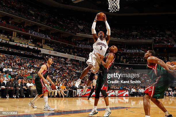 Gerald Wallace of the Charlotte Bobcats goes for the layup against the Milwaukee Bucks on April 2, 2010 at the Time Warner Cable Arena in Charlotte,...