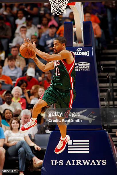 Charlie Bell of the Milwaukee Bucks catches the pass against the Charlotte Bobcats on April 2, 2010 at the Time Warner Cable Arena in Charlotte,...