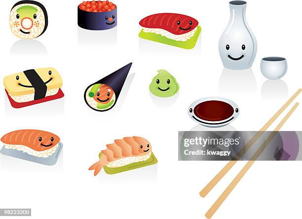 happy sushi - wasabi sauce stock illustrations