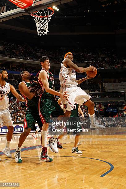 Tyrus Thomas of the Charlotte Bobcats goes for the layup against the Milwaukee Bucks on April 2, 2010 at the Time Warner Cable Arena in Charlotte,...