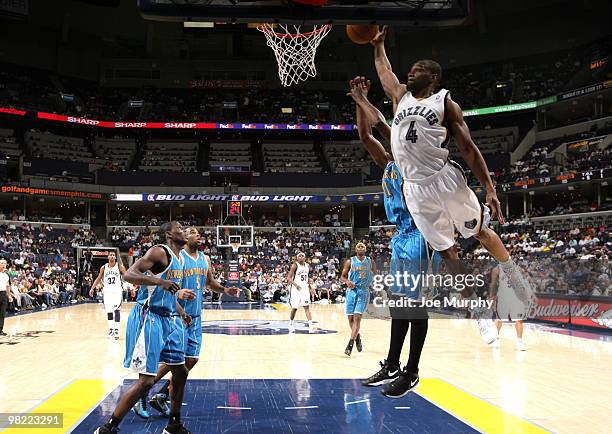 Sam Young of the Memphis Grizzlies attemps a layup against the New Orleans Hornets on April 02, 2010 at FedExForum in Memphis, Tennessee. NOTE TO...