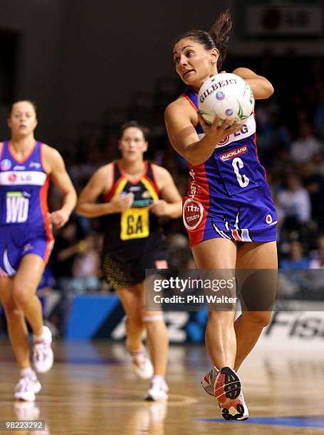 Temepara George of the Mystics collects a pass during the round three ANZ Championship match between the Mystics and the Waikato Bay of Plenty Magic...