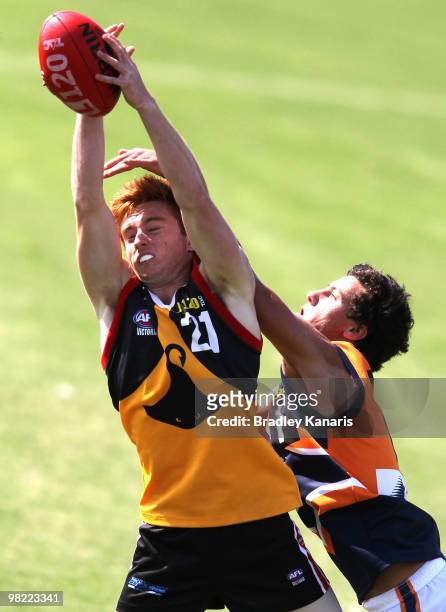 Alex Benbow of the Stingrays takes a mark during the round two TAC Cup match between Dandenong Stingrays and the Calder Cannons on April 3, 2010 in...