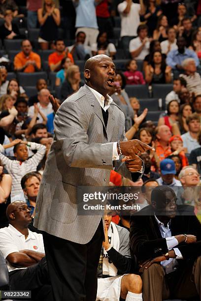 Michael Jordan reacts to the play of the Charlotte Bobcats against the Milwaukee Bucks on April 2, 2010 at the Time Warner Cable Arena in Charlotte,...