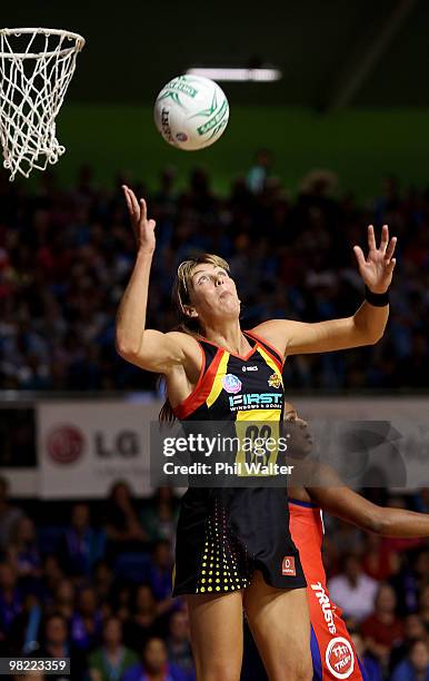 Irene Van Dyk of the Waikato Bay of Plenty Magic collects a pass during the round three ANZ Championship match between the Mystics and the Waikato...