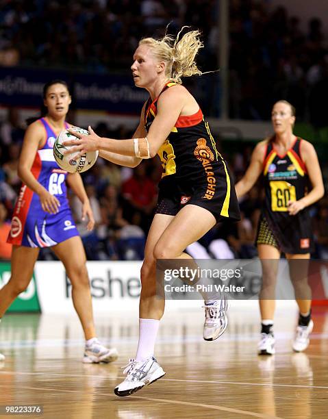 Laura Langman of the Waikato Bay of Plenty Magic collects a pass during the round three ANZ Championship match between the Mystics and the Waikato...