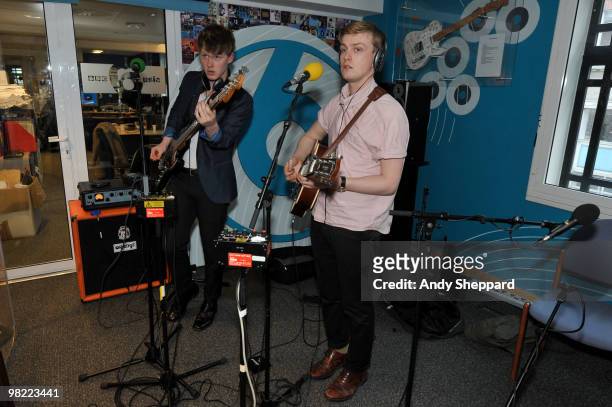 George Waite and Alex Saunders of The Crookes perform for a special edition of The Evening Session at the BBC 6 Music Studios on April 2, 2010 in...