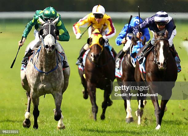 Jockey Billy Egan riding Zantelagh wins Race 3 the Bill Collins Handicap during Easter Cup Day at Caulfield Racecourse on April 3, 2010 in Melbourne,...