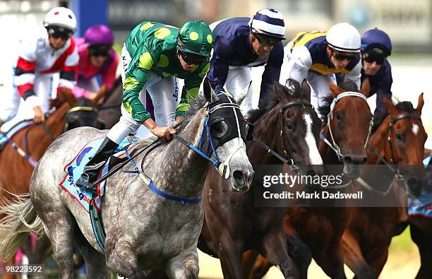 Jockey Billy Egan riding Zantelagh wins Race 3 the Bill Collins Handicap during Easter Cup Day at Caulfield Racecourse on April 3, 2010 in Melbourne,...