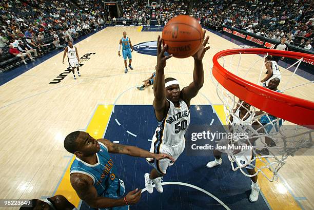 Zach Randolph of the Memphis Grizzlies grabs a rebound against the New Orleans Hornets on April 02, 2010 at FedExForum in Memphis, Tennessee. NOTE TO...