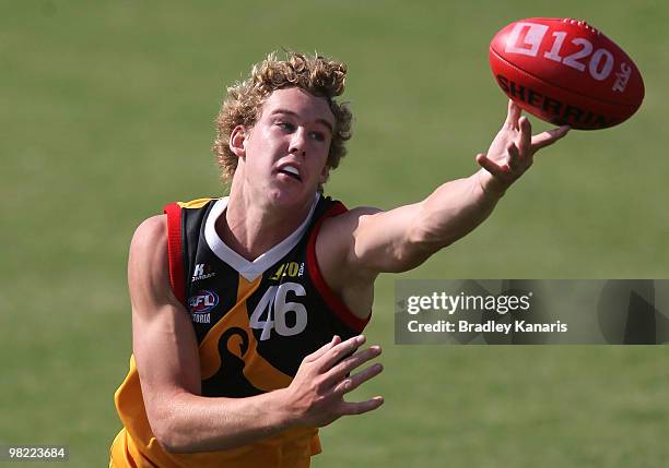 Tom Lynch of the Stingrays takes a mark during the round two TAC Cup match between Dandenong Stingrays and the Calder Cannons on April 3, 2010 in...