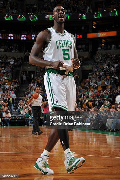 Kevin Garnett of the Boston Celtics pumps up the crowd before the game against the Houston Rockets on April 2, 2010 at the TD Garden in Boston,...