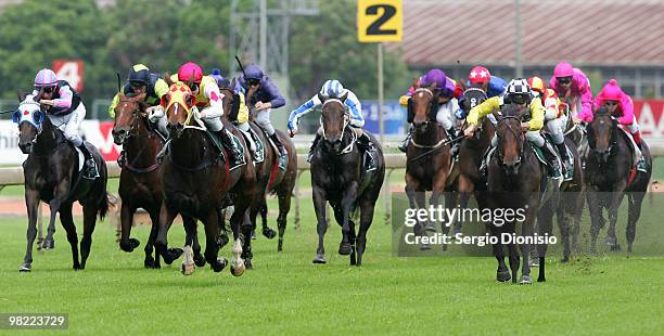 Jockey Michael Rodd riding Faint Perfume races to victory in the group 1, race 3, Vinery Stud Stakes during 2010 Golden Slipper Day at Rosehill...