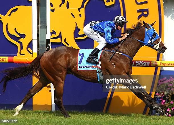 Jockey Billy Egan riding Definitely Ready wins the Bert Bryant Handicap during Easter Cup Day at Caulfield Racecourse on April 3, 2010 in Melbourne,...