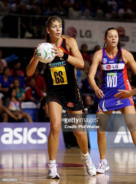 Irene Van Dyk of the Waikato Bay of Plenty Magic looks for support during the round three ANZ Championship match between the Mystics and the Waikato...
