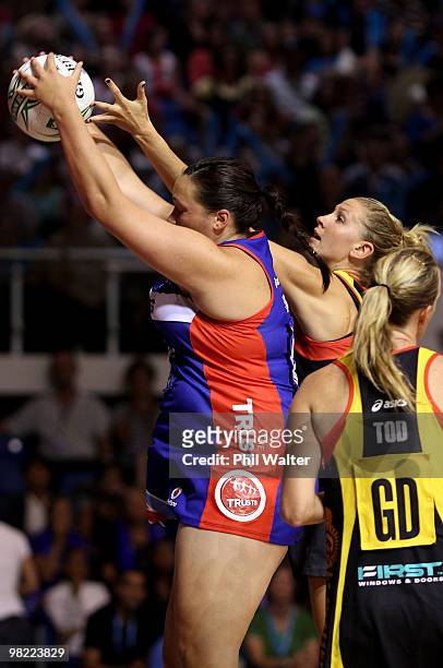 Catherine Latu of the Mystics and Casey Williams of the Waikato Bay of Plenty Magic compete for the ball during the round three ANZ Championship...