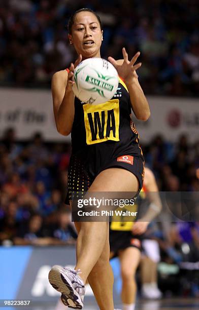 Frances Solia of the Waikato Bay of Plenty Magic collects a pass during the round three ANZ Championship match between the Mystics and the Waikato...