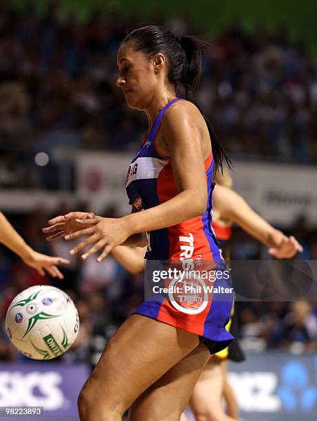 Maria Tutaia of the Mystics takes a pass during the round three ANZ Championship match between the Mystics and the Waikato Bay of Plenty Magic at...