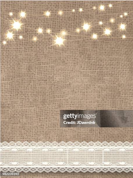 rustic burlap background with string lights and lace - hessian stock illustrations