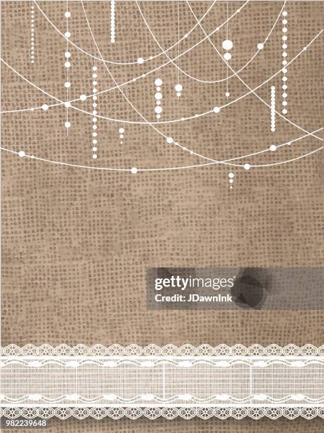 rustic burlap and hanging beads background and lace - hessian stock illustrations