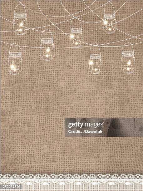 rustic burlap background with string lights and lace - twinkle lights background stock illustrations