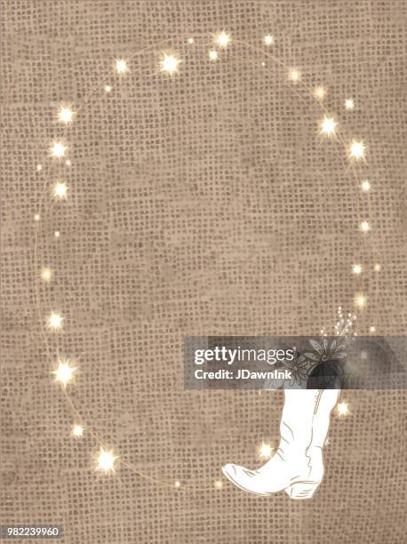 rustic burlap background with string lights cowboy boot with flowers - twinkle lights background stock illustrations
