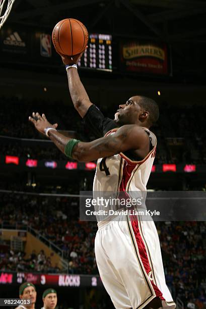 Antawn Jamison of the Cleveland Cavaliers puts up the shot against the Atlanta Hawks on April 2, 2010 at The Quicken Loans Arena in Cleveland, Ohio....