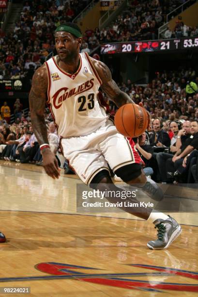 LeBron James of the Cleveland Cavaliers drives to the basket against the Atlanta Hawks on April 2, 2010 at The Quicken Loans Arena in Cleveland,...
