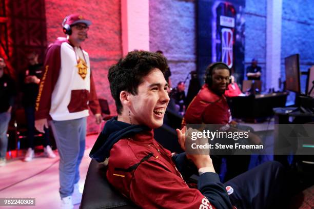 Hood of the Cavs Legion Gaming Club reacts against Heat Checkin Gaming on June 23, 2018 at the NBA 2K League Studio Powered by Intel in Long Island...