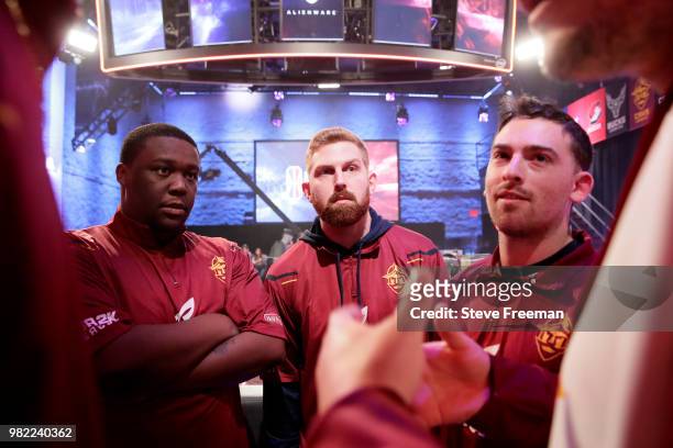 ToXsiK of Cavs Legion Gaming Club works with his team during the match against Heat Check Gaming on June 23, 2018 at the NBA 2K League Studio Powered...
