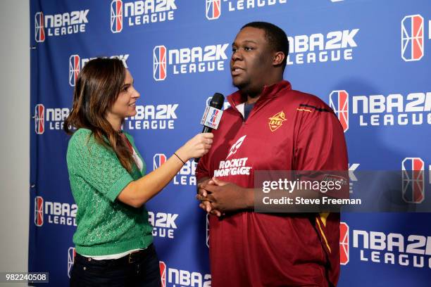 Godddof2k of Cavs Legion Gaming Club speaks with the media on June 23, 2018 at the NBA 2K League Studio Powered by Intel in Long Island City, New...
