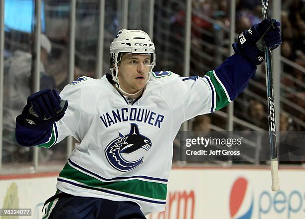 Michael Grabner of the Vancouver Canucks celebrates a goal in the second period against the Anaheim Ducks at the Honda Center on April 2, 2010 in...