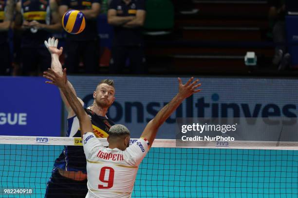Ivan Zaytsev and Earvin Ngapeth during the FIVB Volleyball Nations League 2018 between Italy and France at Palasport Panini on June 23, 2018 in...