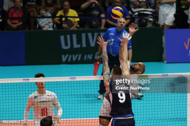 Earvin Ngapeth and Ivan Zaytsev during the FIVB Volleyball Nations League 2018 between Italy and France at Palasport Panini on June 23, 2018 in...