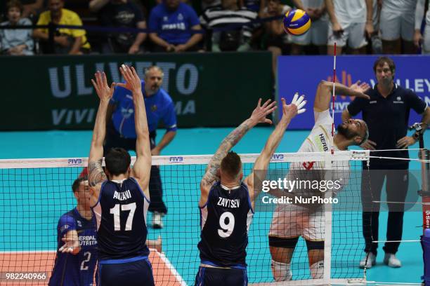 Earvin Ngapet, Ivan Zaytsev and Simone Anzani during the FIVB Volleyball Nations League 2018 between Italy and France at Palasport Panini on June 23,...