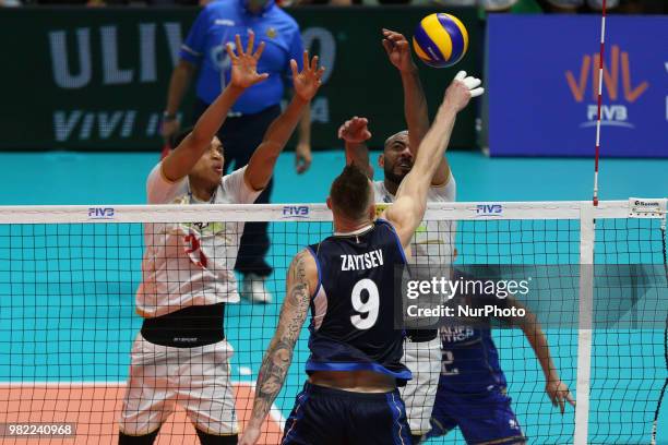Ivan Zaytsev and Earvin Ngapeth during the FIVB Volleyball Nations League 2018 between Italy and France at Palasport Panini on June 23, 2018 in...