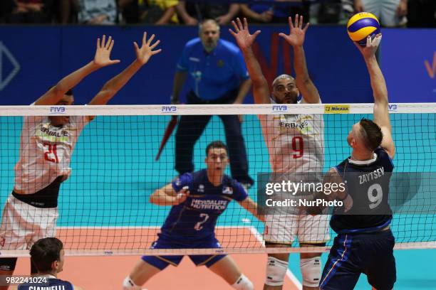 Ivan Zaytsev and Earvin Ngapeth during the FIVB Volleyball Nations League 2018 between Italy and France at Palasport Panini on June 23, 2018 in...