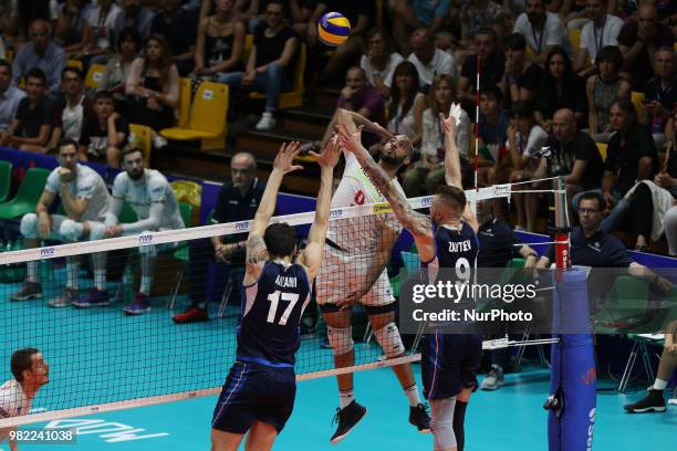 Earvin Ngapeth, Simone Anzani and Ivan Zaytsev during the FIVB Volleyball Nations League 2018 between Italy and France at Palasport Panini on June...