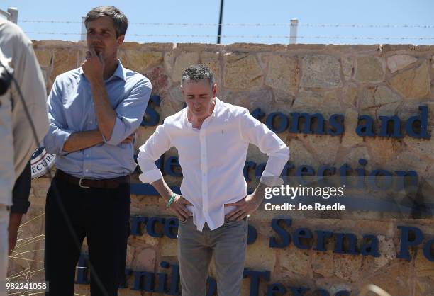 Rep. Beto O'Rourke and Rep. Brian Fitzpatrick partricipate in a press conference after taking a tour of the recently built tent encampment near the...