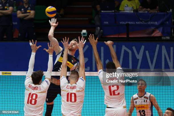 Ivan Zaytsev and Thibault Rossard, Kevin Le Roux and Stephen Boyer during the FIVB Volleyball Nations League 2018 between Italy and France at...